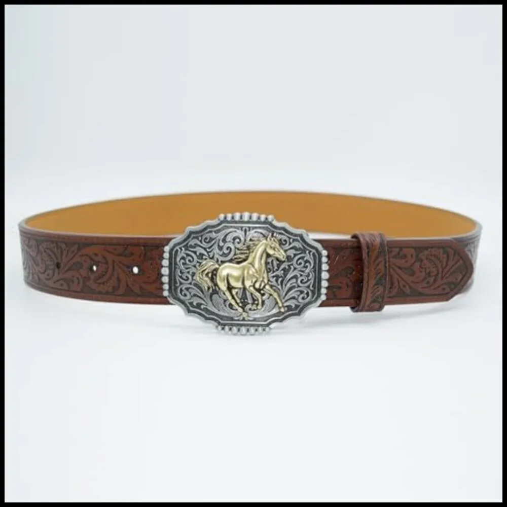 Western PU Leather Belt Floral Embossed Vintage Buckle Cowgirl Cowboy Style - Picture 4 of 7